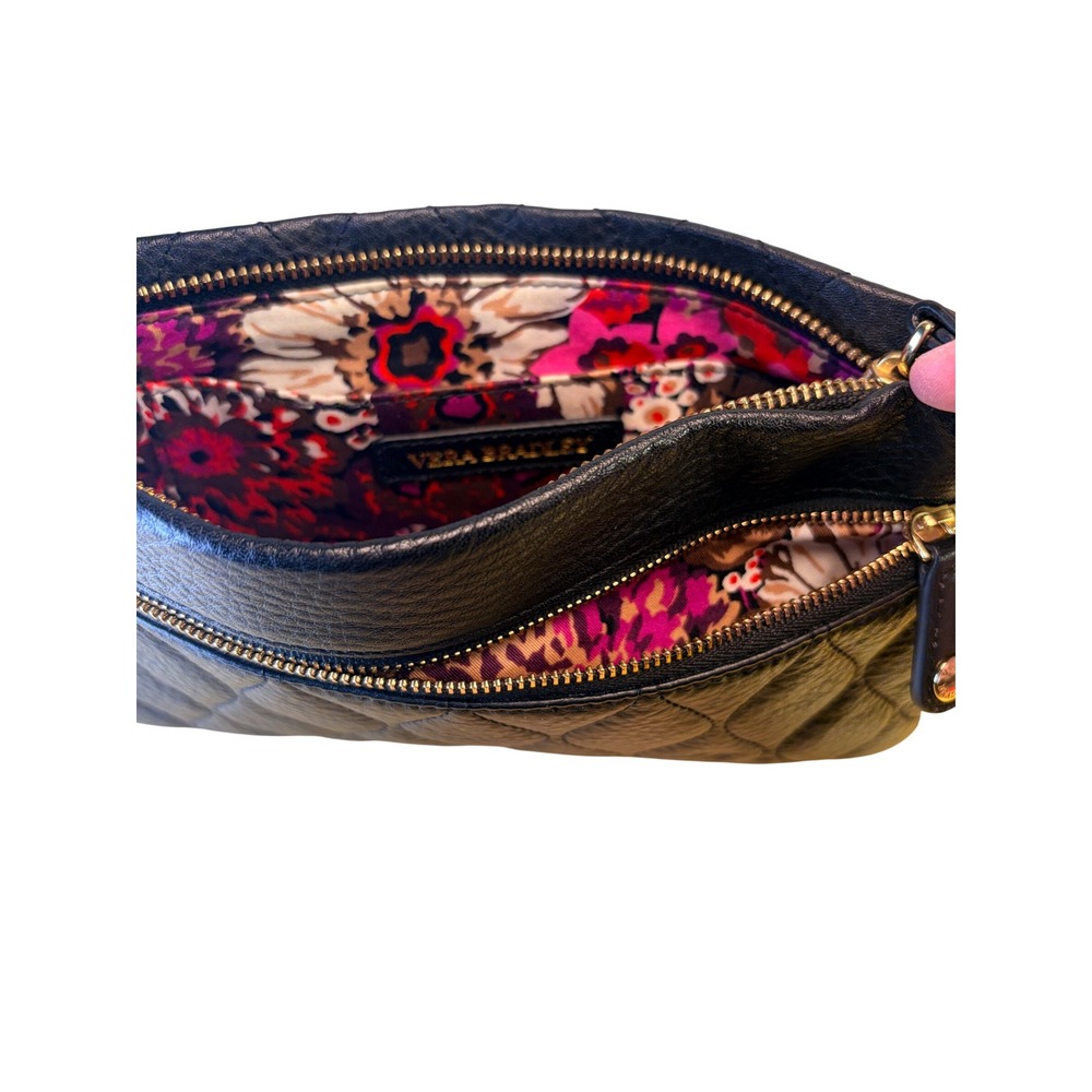 Vera Bradley Mia Black Quilted Genuine Leather Wristlet Clutch Floral Interior - Picture 4 of 9